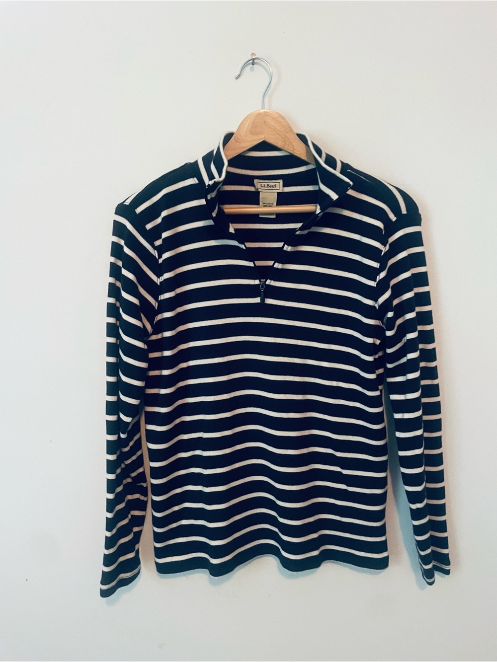 L.L. Bean Navy White Striped 3/4 Zip Cotton Pullover